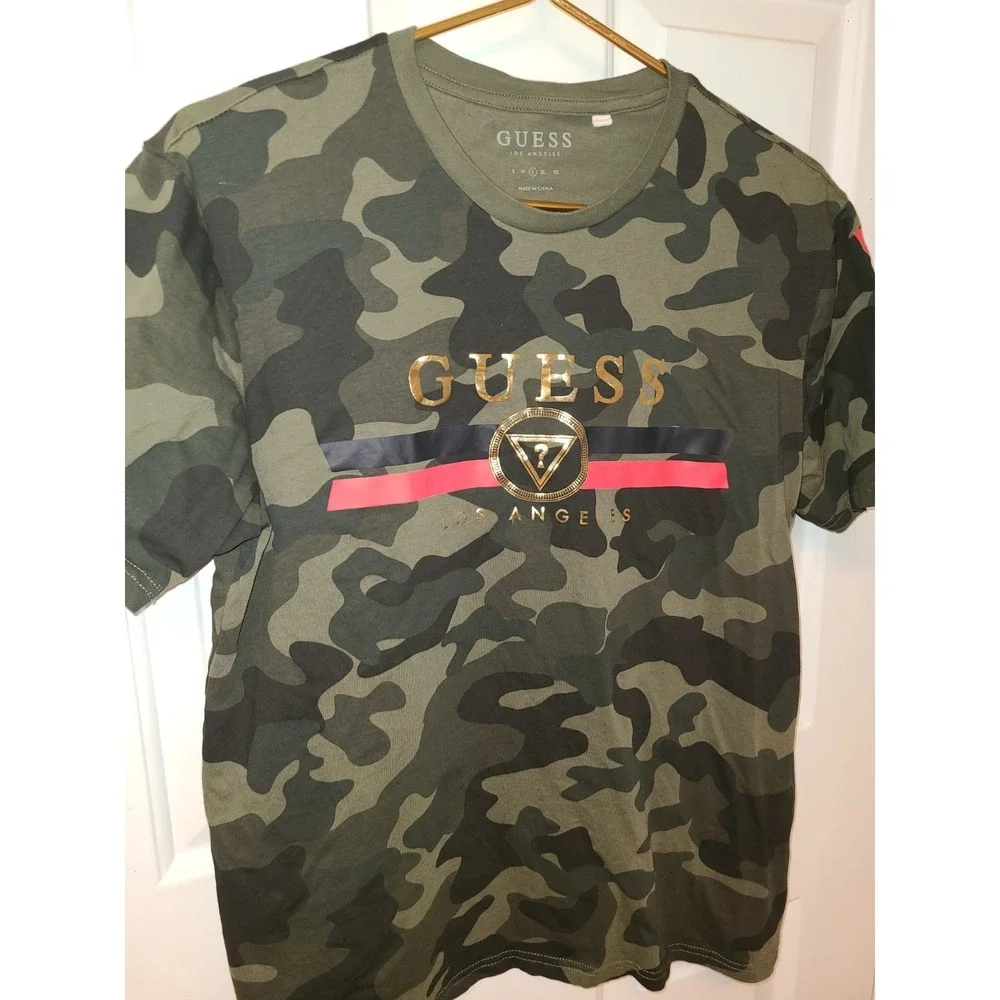 Guess T Shirt Mens L Green Camo Short Sleeve Crew Neck Tee Los Angeles - Picture 3 of 7